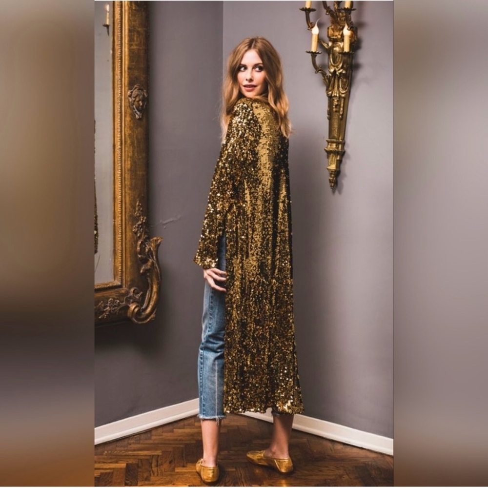 EUC blanka gold sequin duster, size L